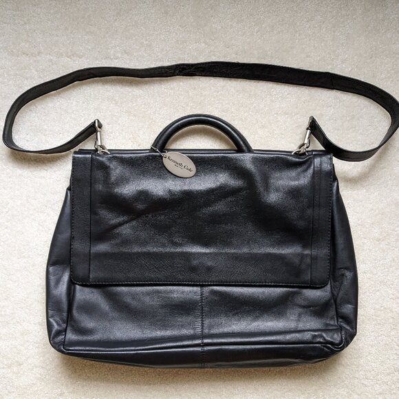 NWOT Kenneth Cole Black Leather Laptop Messenger Bag Briefcase - Picture 1 of 7